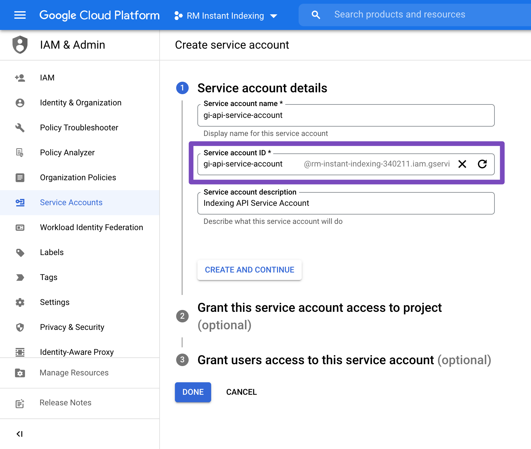 Google Indexing Service Account Information