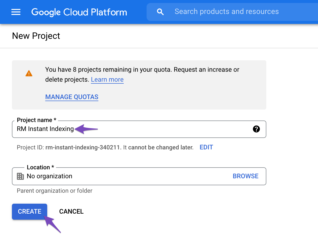 Name Your New Google Cloud Project