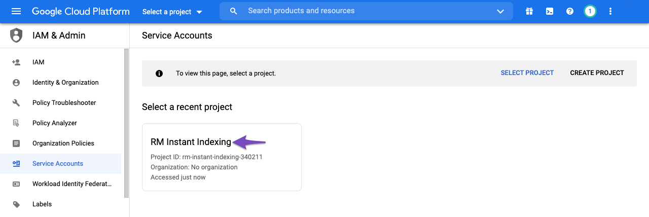 Select Project To Create Service Account For